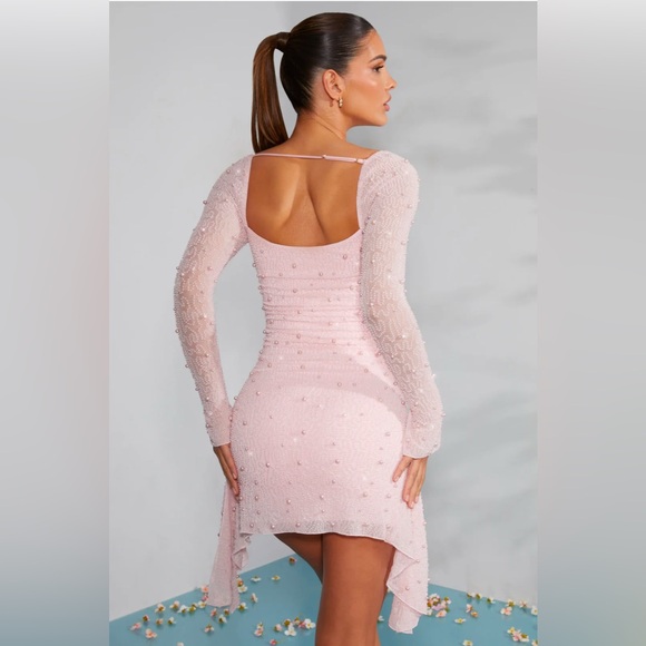 Oh Polly Tivoli Long Sleeve Embellished Cowl Neck Mini Dress in Blush - Picture 2 of 2